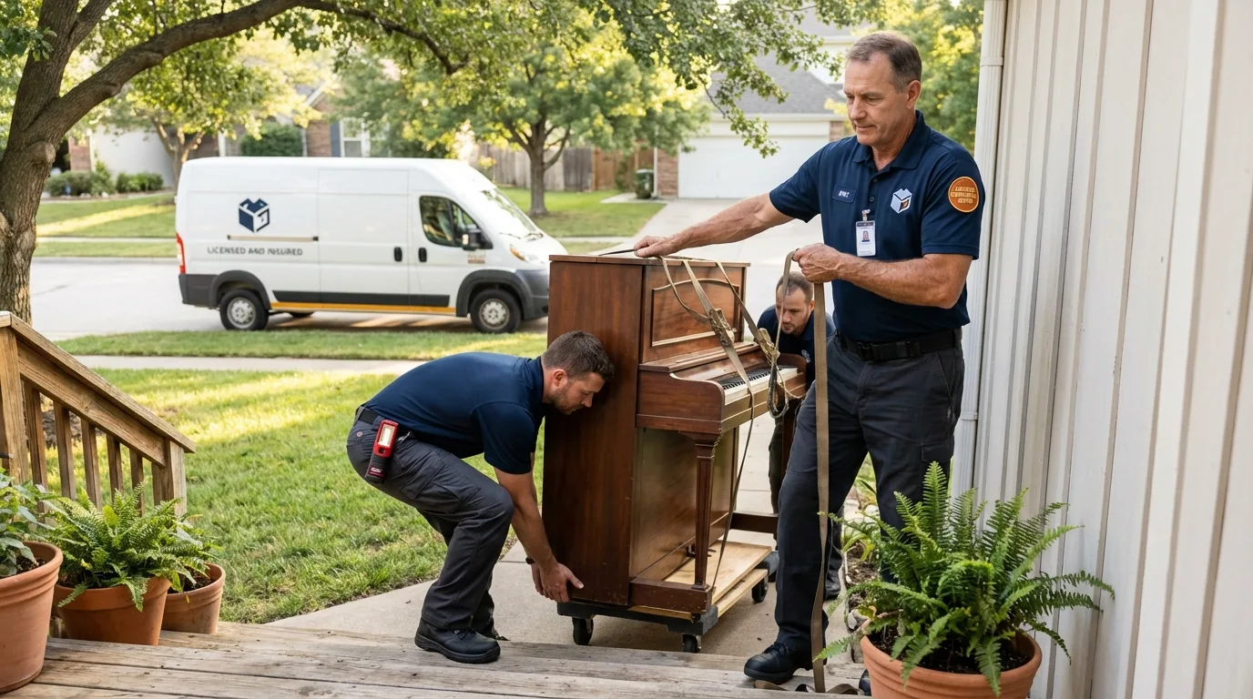 Licensed piano movers securing grand piano in Yadkinville, NC