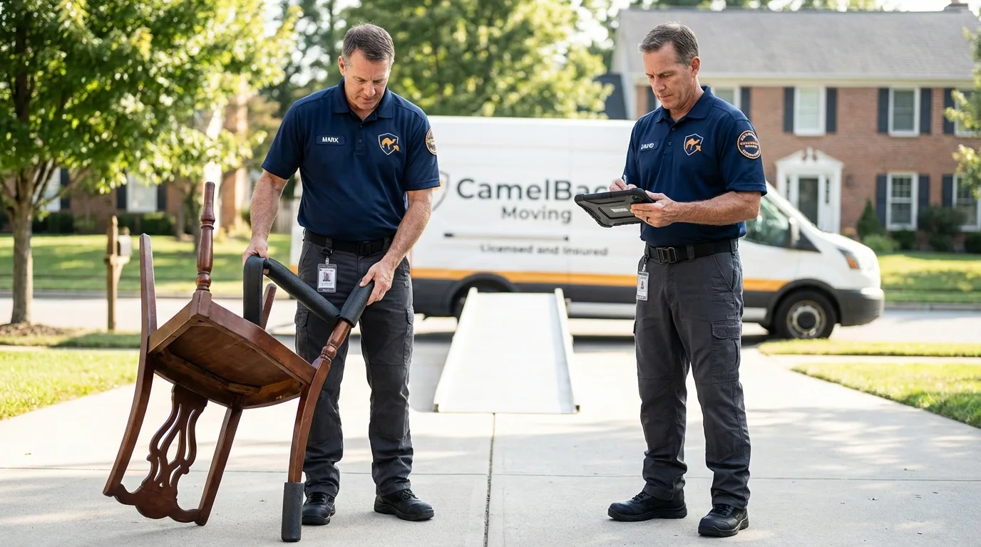 Movers inspecting furniture for damage prevention before loading in Yadkinville, NC