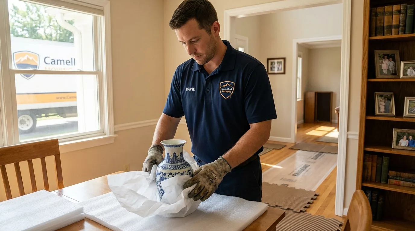 Professional crew carefully wrapping antique vase for senior downsizing move in Yadkinville, NC